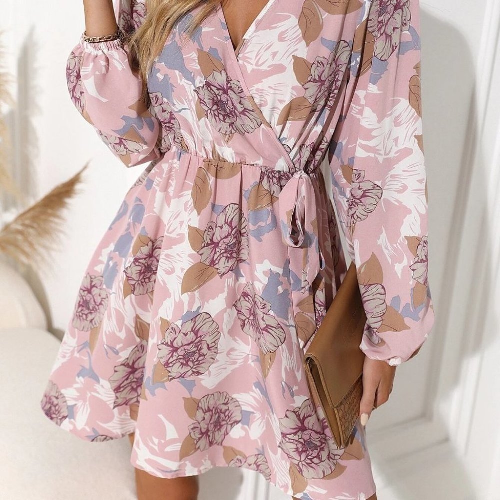 Baby Pink Boho Floral Print Lantern Sleeve Belted Dress - Picture 4 of 5